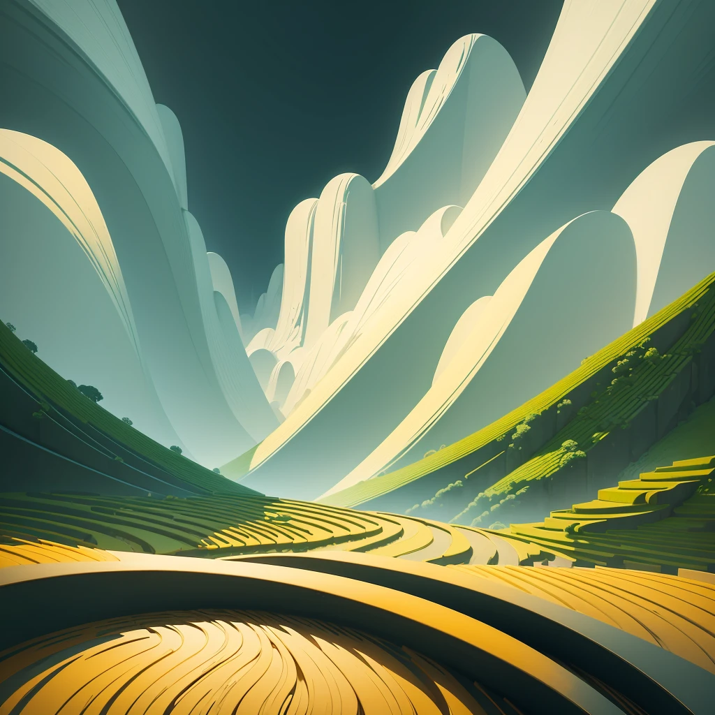 Rice field, terrace, pattern, texture, Chinese landscape, abstract paintings, Zen, Amy Sol style, With a cover art of light abstraction, Simple vector art, Contemporary Chinese art, Gradient of color, Soft color palette, layered forms, Whimsical animation, The style is ethereal and abstract