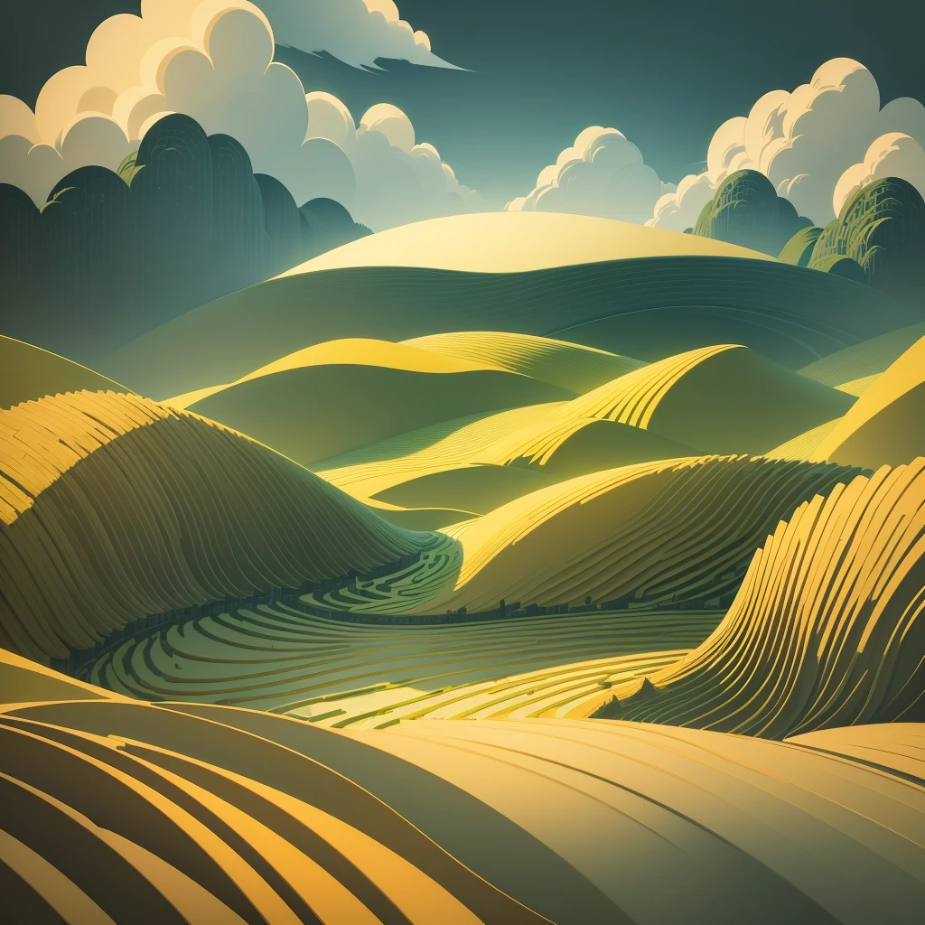 Rice field, terrace, pattern, texture, Chinese landscape, abstract paintings, Zen, Amy Sol style, With a cover art of light abstraction, Simple vector art, Contemporary Chinese art, Gradient of color, Soft color palette, layered forms, Whimsical animation, The style is ethereal and abstract