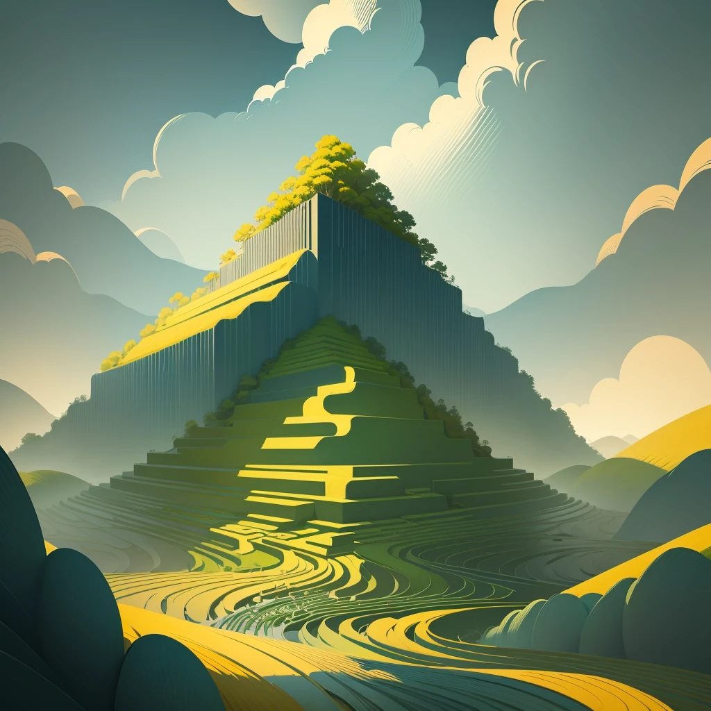 Rice field, terrace, pattern, texture, Chinese landscape, abstract paintings, Zen, Amy Sol style, With a cover art of light abstraction, Simple vector art, Contemporary Chinese art, Gradient of color, Soft color palette, layered forms, Whimsical animation, The style is ethereal and abstract