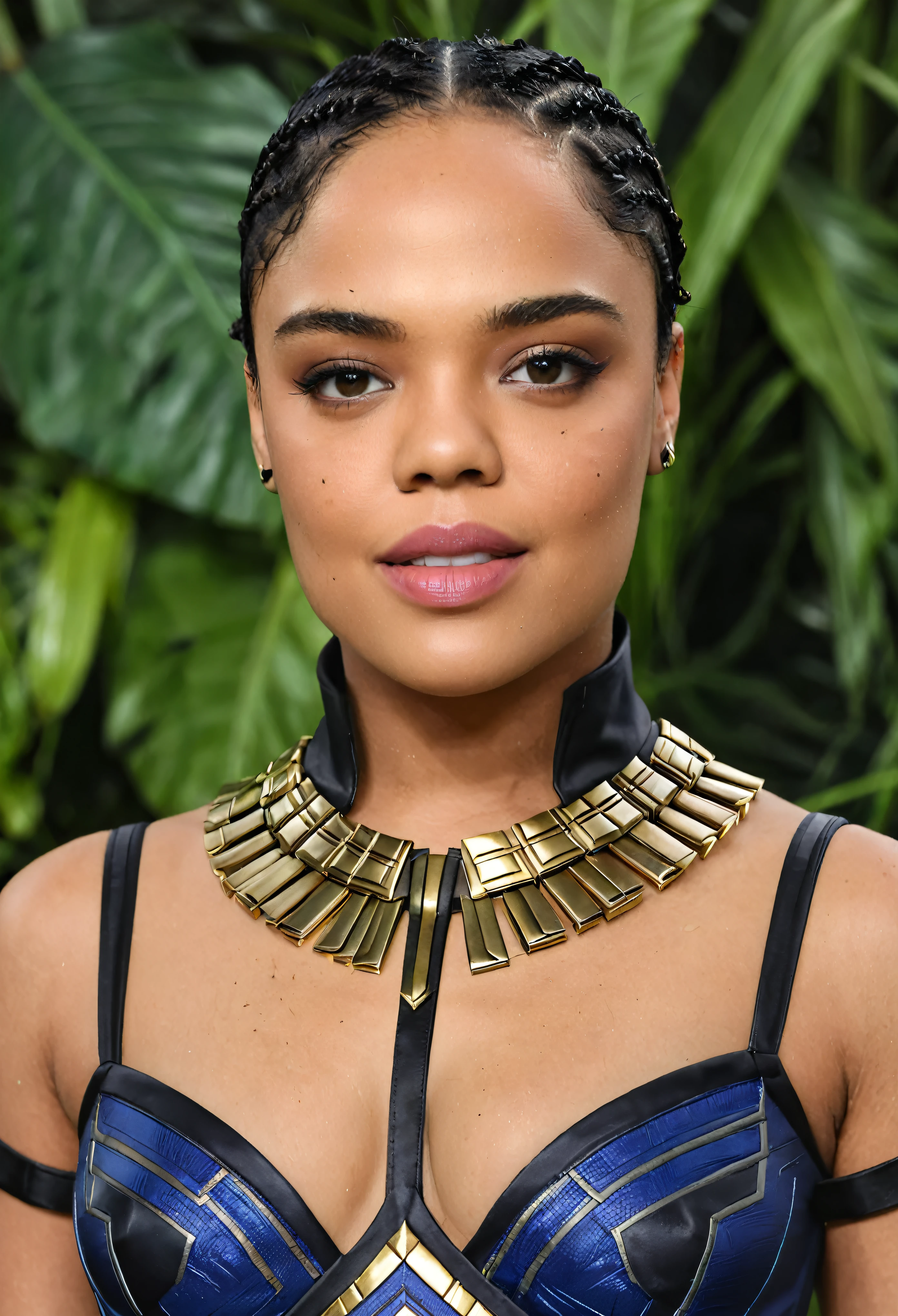 Extremely gorgeous woman Tessa Thompson AS A WAKANDAN WARRIOR, sexy wakandan warrior costumes, erotic costumes, DETAILS, GOOD SKIN, highly detailed, skin pores, sharp focus, amazing details, 