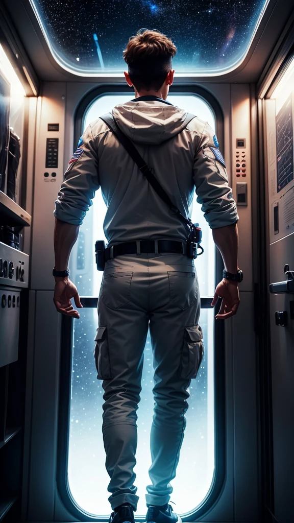 A man standing inside the space station looking out through the window, Outside is the starry sky and a planet that looks exactly like Earth., background space station, Background details
