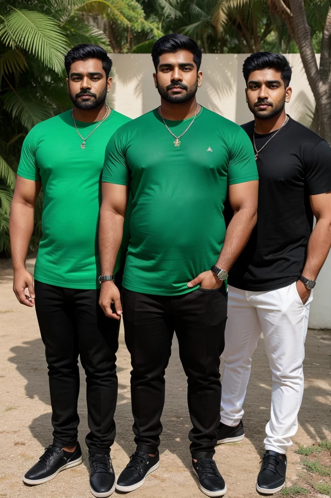 Three indian male friends one of them is fat
are standing in a frame, all wearing green colored shirts and the name Allen is written on the shirts in black colour and the coller of the tishart is black