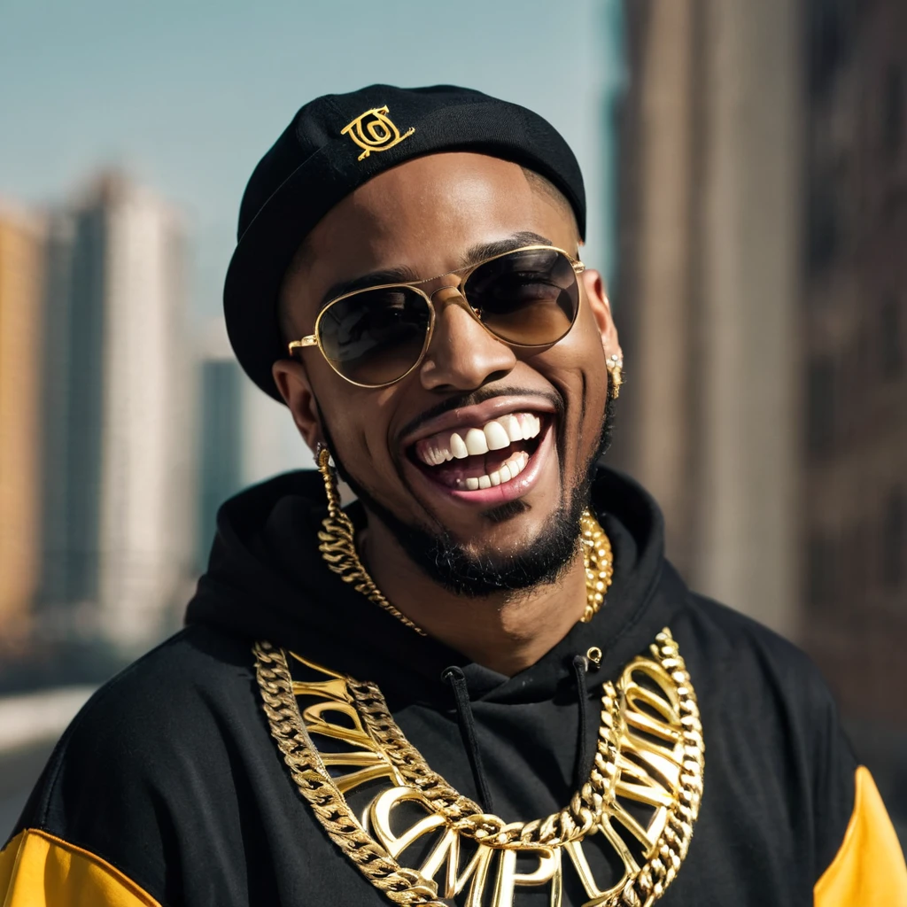 a man rapper with gold teeth, Urban background