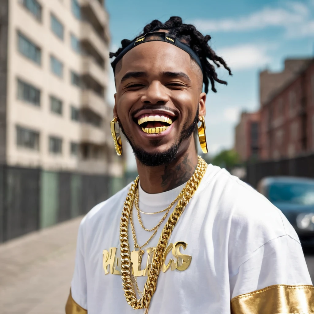 a man rapper with gold teeth, Urban background
