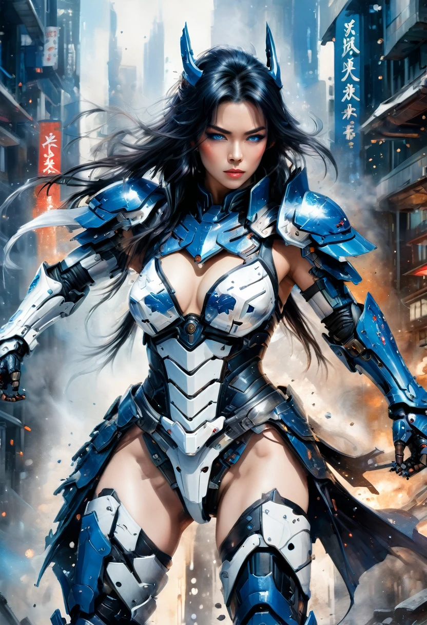 Japanese water color art picture of a mecha samurai woman in cyberpunk city, a mecha samurai woman, exquisite beautiful woman, black hair, long hair, (blue eyes: 1.3), she stands ready to battle, wearing (white mecha armor: 1.3), high heeled boots, she is armed with a Japanes sword, Japanese Cyberpunk city at night, background, (Masterpiece: 1.5), 16k, highres, best quality, high details, ultra detailed, masterpiece, best quality, (extremely detailed), arafed, mecha, drkfntasy