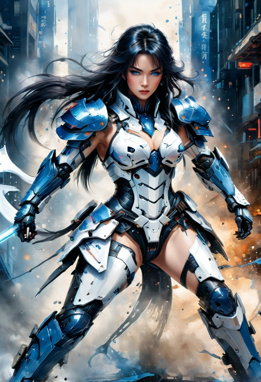 Japanese water color art picture of a mecha samurai woman in cyberpunk city, a mecha samurai woman, exquisite beautiful woman, black hair, long hair, (blue eyes: 1.3), she stands ready to battle, wearing (white mecha armor: 1.3), high heeled boots, she is armed with a Japanes sword, Japanese Cyberpunk city at night, background, (Masterpiece: 1.5), 16k, highres, best quality, high details, ultra detailed, masterpiece, best quality, (extremely detailed), arafed, mecha, drkfntasy