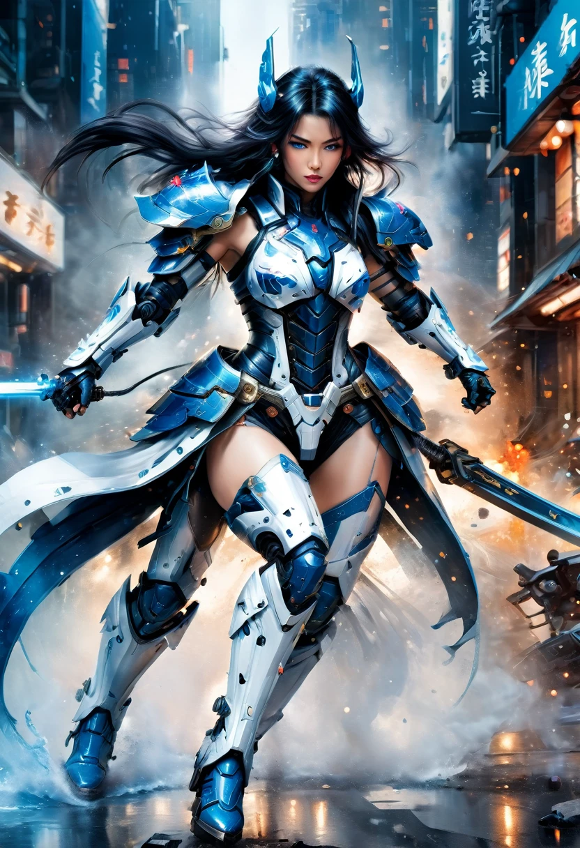 Japanese water color art picture of a mecha samurai woman in cyberpunk city, a mecha samurai woman, exquisite beautiful woman, black hair, long hair, (blue eyes: 1.3), she stands ready to battle, wearing (white mecha armor: 1.3), high heeled boots, she is armed with a Japanes sword, Japanese Cyberpunk city at night, background, (Masterpiece: 1.5), 16k, highres, best quality, high details, ultra detailed, masterpiece, best quality, (extremely detailed), arafed, mecha, drkfntasy