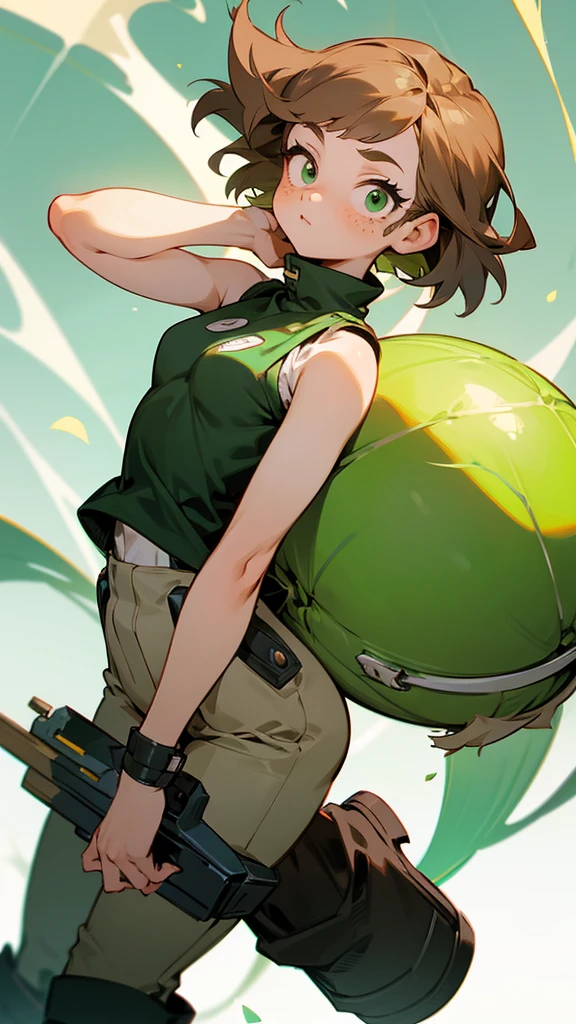 A girl with short fluffy light brown hair and light green eyes with freckles and long eyelashes. Buko no hero academia style. With a sleeveless shirt and pants with hanging black boots.