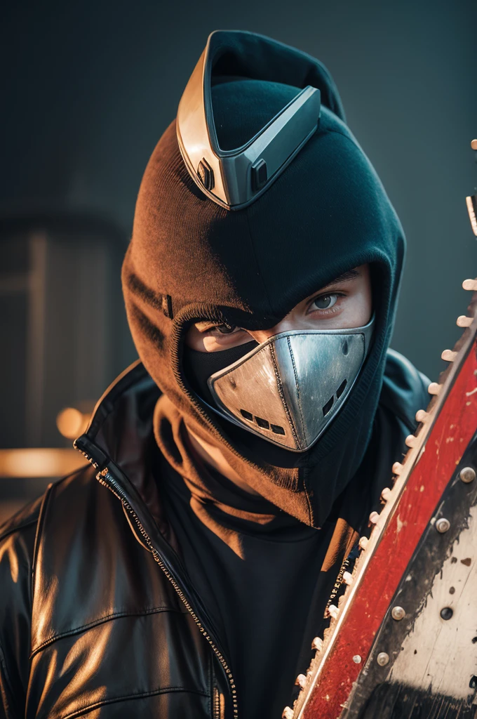 Masked man holding a chainsaw