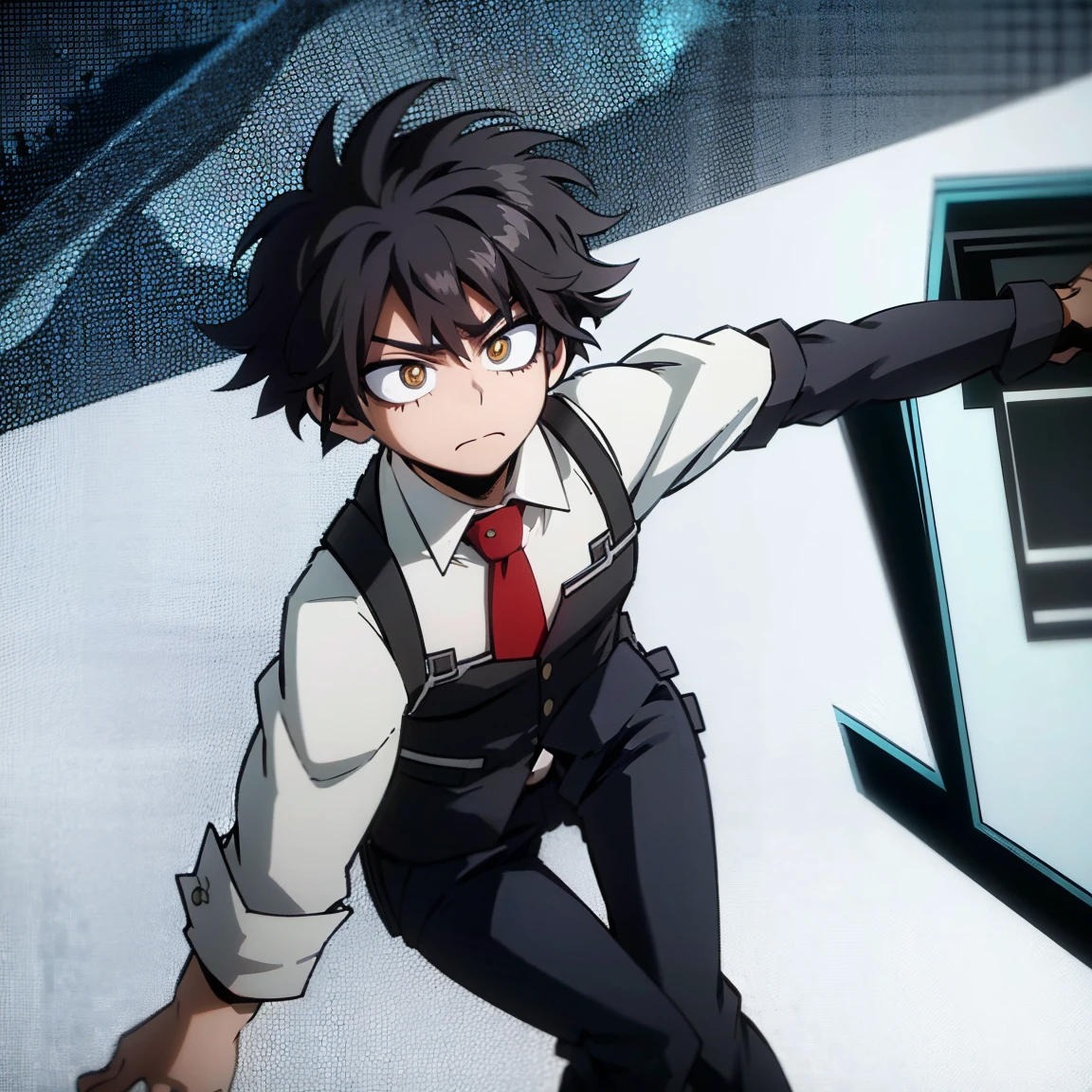 1boy, male focus, boku no hero academia, masterpiece, best quality, very aesthetic, absurdres, short messy hair, purple hair, golden eyes, black eyebrows, frown, gray jacket, red tie, white shirt, teal pants, boots 