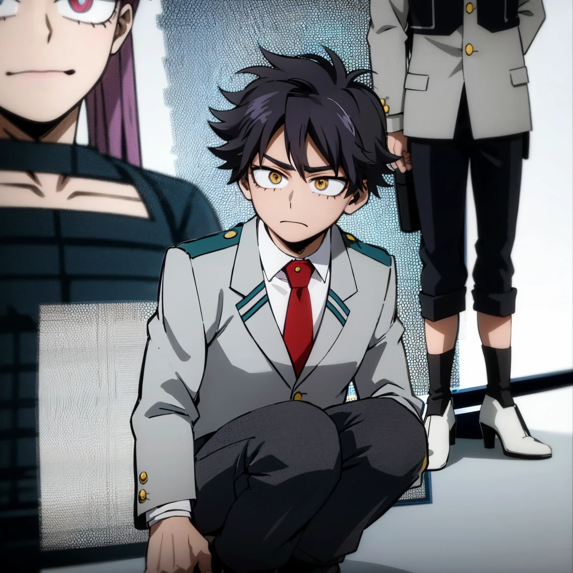 1boy, male focus, boku no hero academia, masterpiece, best quality, very aesthetic, absurdres, short messy hair, purple hair, golden eyes, black eyebrows, frown, gray jacket, red tie, white shirt, teal pants, boots