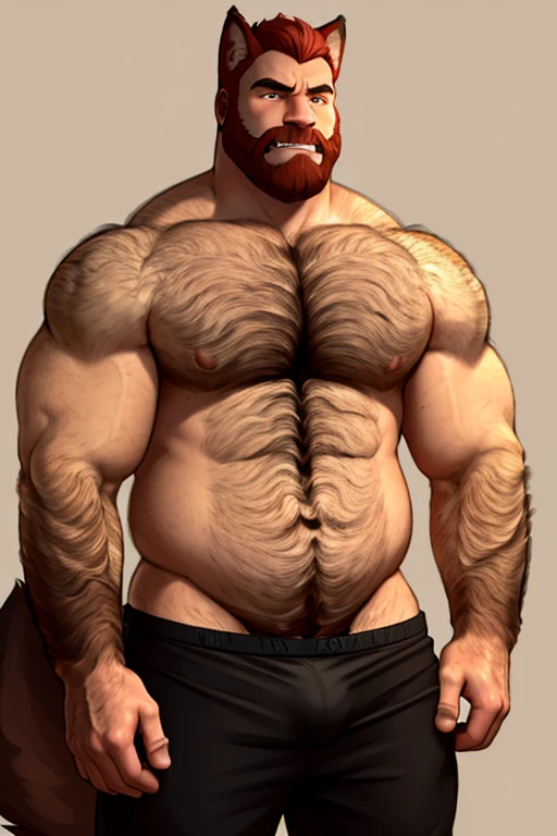 A tall chubby muscular man, with a beard, red hair, no shirt, black boxers underwear, sad rimid facial expression, large canine teeth, sad expression, very hairy arms, very hairy chest, wolf ears, wolf tail, human face