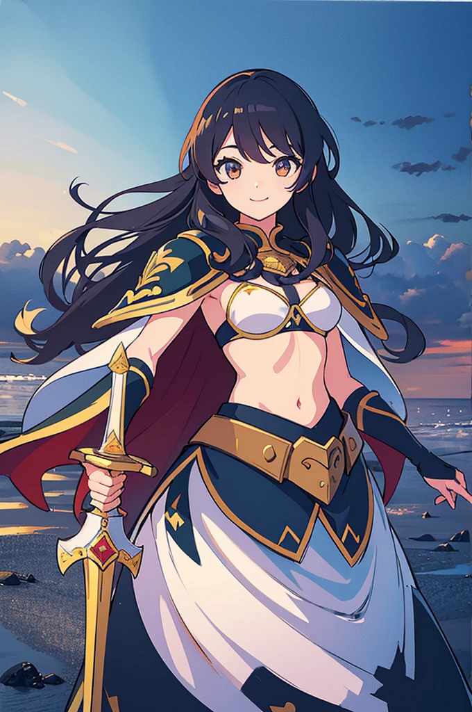 One Girl、Perfect functionality, (masterpiece), (Highest quality:1.4), High resolution、low length、A cheerful smile、Wavy long hair, Bikini Armor、Plein Air、(whole body:1.4)、Standing posture、sword, Cape