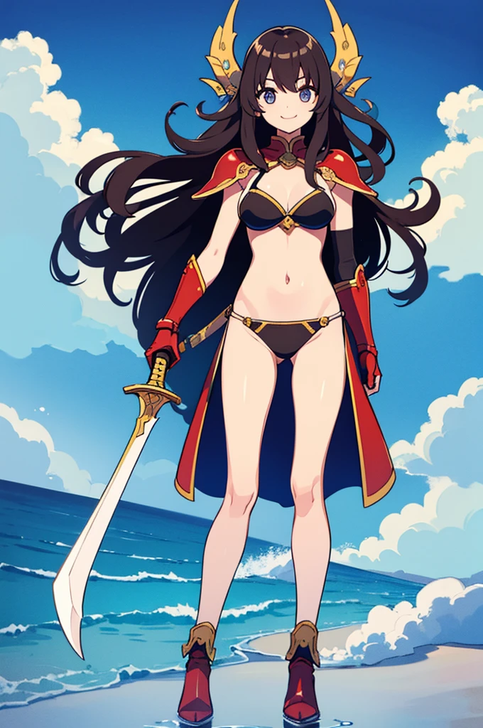 One Girl、Perfect functionality, (masterpiece), (Highest quality:1.4), High resolution、low length、A cheerful smile、Wavy long hair, ?????? Armor、Plein Air、(whole body:1.4)、Standing posture、sword, Cape