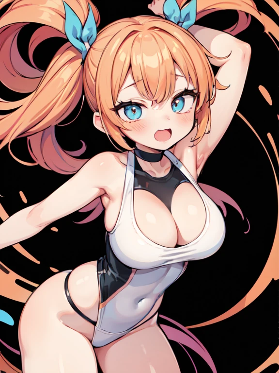 (masterpiece:1.3), (Highest quality:1.3), (Super detailed:1.2), ((cute)), cute, (Lovely), ((sexy)), ((Very detailed)), 4K, (8k), Highest quality, (beautiful), figure, Anime Style, (Bold:1.2), Gradation, whole body, //, Are standing, Raise your arms, //, cute女の子, One girl, , (alone:1.2), Pink skin, //, Huge breasts, Disproportionate breasts, (Perfect Eyes:1.2), (Perfect Iris:1.2), //, Half-up hairstyle, Peach hair color, (beautiful目) //, (sexual expression:1.2), (Ahegao:1.3), (Laughter), smile, //, Abstract art (School Swimsuit), //, (monochromatic (orange) cuteゼンタングルハートパターンの背景:1.3), (Zentangle Background), Abstract Background Art