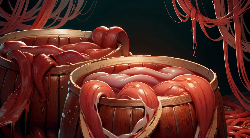 wooden barrels filled with human intestines,  ((intestines)), blood, AnatomicTech
blood vessels, gore, horror, 