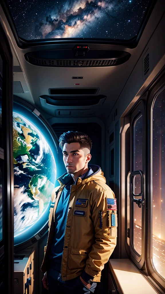 A man standing inside the space station looking out through the window, Outside is the starry sky and a planet that looks exactly like Earth., background space station, Background details
