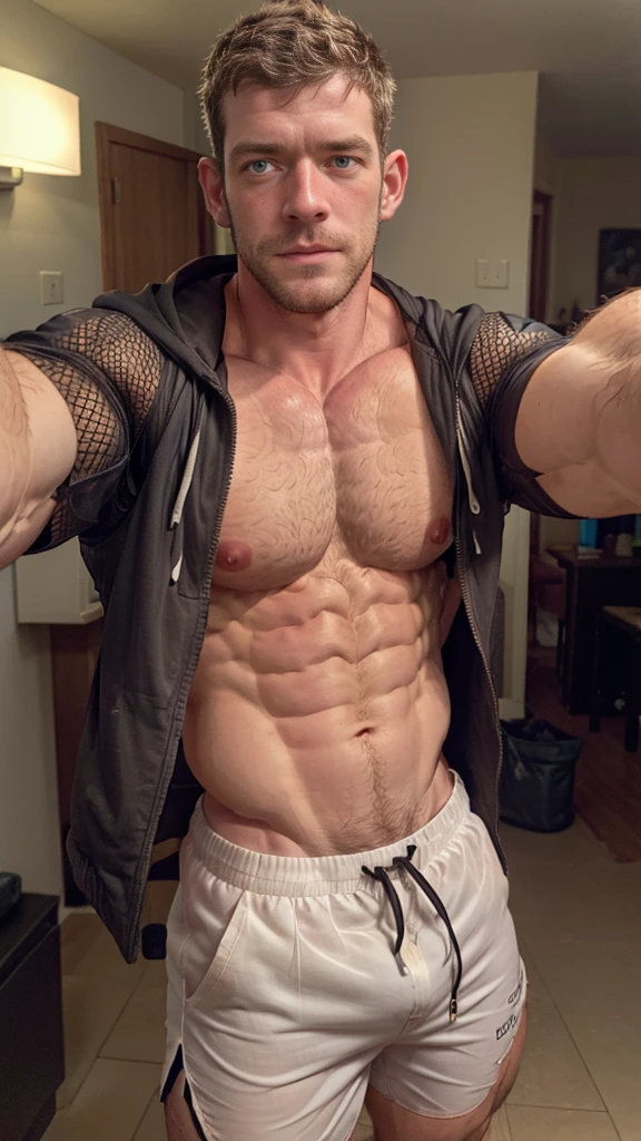 Masterpiece, denoise, void noise, one man, best quality, 8k resolution, male focus, focus only, amazing composition, volumetric lighting, super quality, elegant, Very detailed, beach, front view, facing viewer , -----------, 35 years old, mature face, muscular, thin body, Caucasian, (((white skin, pale skin))), handsome, (detailed light-blue eyes), light blonde hair, big ears, (((hairy pectorals, thick plenty chest and body hair))), ((Medium long beard)), (((((Jim Sturgess and Russell Tovey mixed face and hair))))), (((big nipples, perky nipples))), ------------, ((((detailed shorts)))), ((((see-through mesh white short sleeve shirt)))), (((holding frame pov: like taking a selfie))),