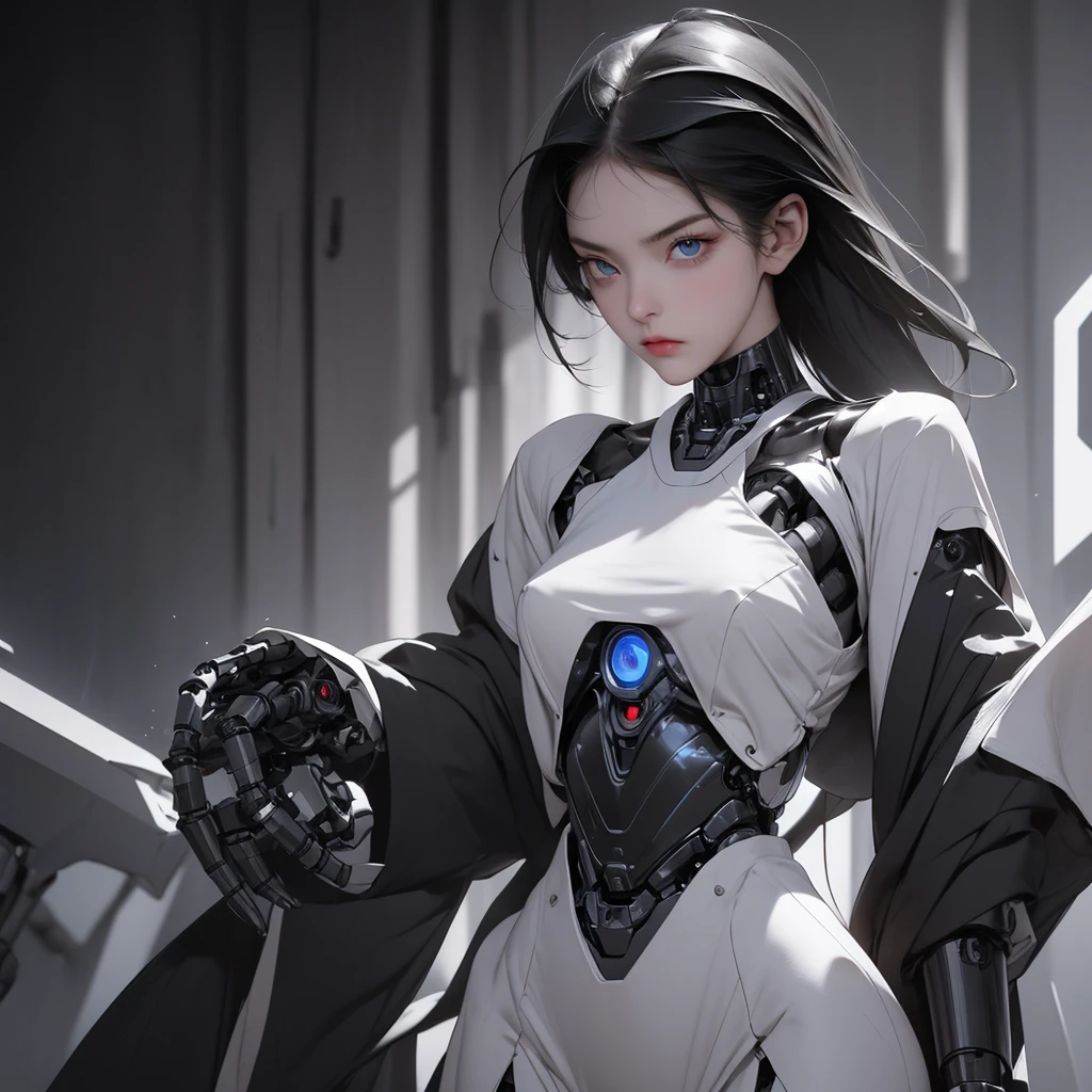 a girl with a full black robotic body, featuring sleek and high-tech components. She has short black hair, blue eyes, and an angry expression. She wears a robot mask that partially covers her face, blending seamlessly with her polished mechanical limbs and torso. The subtle lights and mechanical joints of her body enhance the contrast between her human-like features and her robotic form.