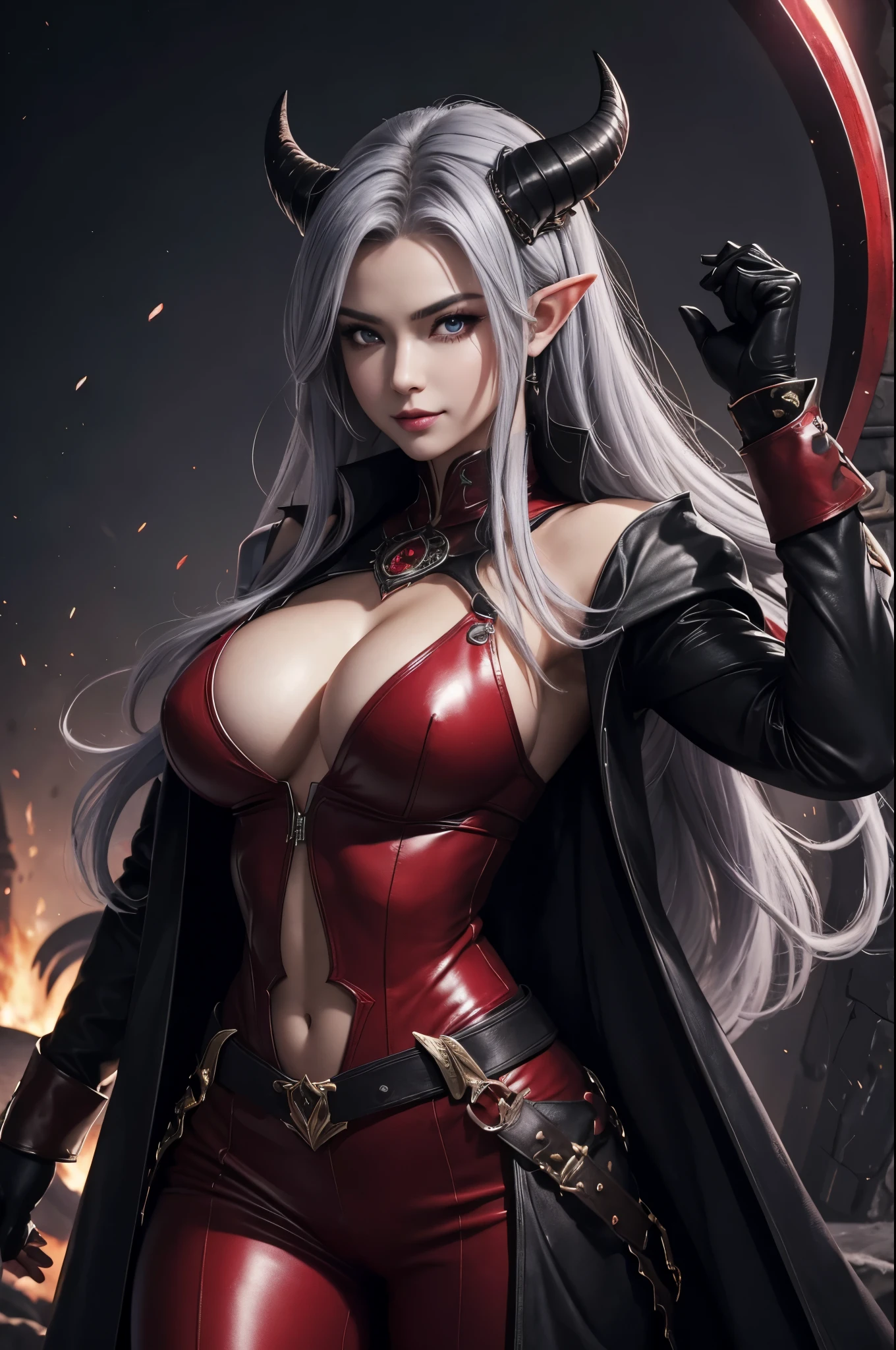 8k,ヴァンパイアの牙を持つGray Hairパーマヘア,Close-up of a queen with very large breasts(Ultra-realisticな肌), so beautiful(Like the real thing),Elf Ears,2. 5D CGIファンタジーアートワーク,Portrait of the Queen of the Underworld, Highly detailed art gems, Types of bacteria ; 3D Unreal Engine, demon queen, Big blow Loss Draw, Up to the model | Types of bacteria, Beautiful Succubus,Exact details,Ultra-high resolution,Ultra-realistic,Luxurious red and black combat trousers,Sexy Costumes,Intricately crafted demon crest,Super muscular and slim macho man,Muscular, slim-legged macho man,Rich colors, Backlight, Cinema Lighting, Film Grain, 50mm lens, Nikon D850,Ultra-high resolution,Ultra-realistic,compensate,Super sexy,smile,Super intense and has a strong abdominal muscle,Big eyes,Very large breasts,whole body muscular,,The supermarket is the moon,Dark purple eyeshadow,God of,Dark Purple Rouge,Sharp eyes,Golden Eyes,Red devil horns,Top view,close,Very large breastsの谷間を強調する,Gorgeous red and black long coat(Leather goods),Full body muscle pump,Gray Hairパーマヘア,Flashy makeup,Gray Hair,Dynamic pose,Uplifting,