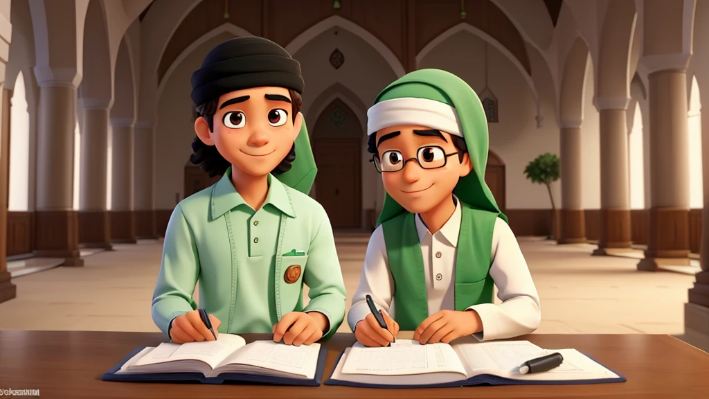 Seseorang berdiri di hadapan (Tulisan Muhammad dalam bahasa arab) di dalam masjid, terlihat jujur dan penuh penyesalan Detail, hdr, 2d anime, cartoon