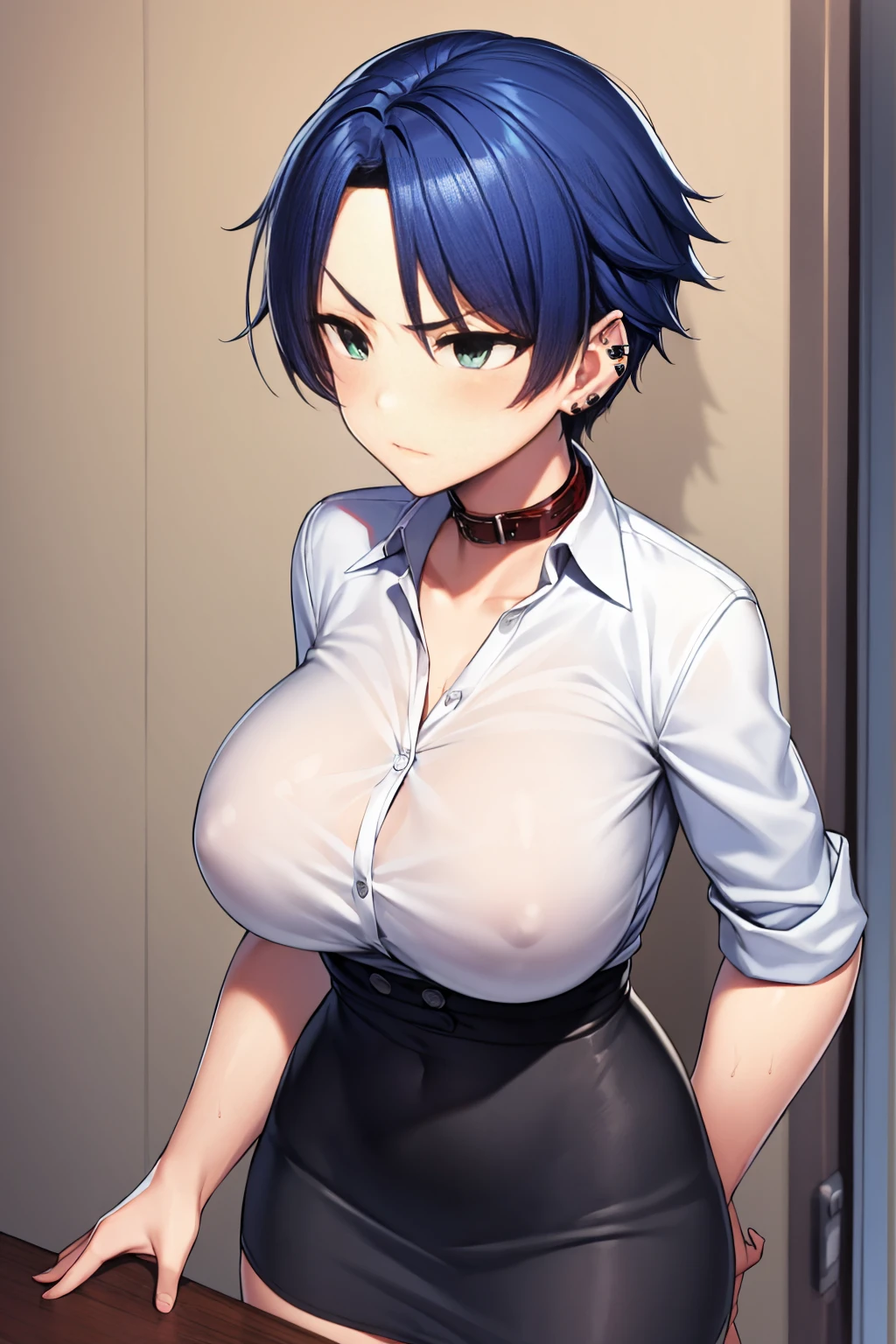 Ultra-high resolution、Ultra HD、8k,Realistic、tomboy、Boyish Girl、Big Breasts、tsurime,White blouse、White dress shirt、Large Breasts、blue-hair、very-short-hair,green-eyes,Black mini skirt、black-pantyhose,angry、White shirt with collar、Ear Piercing、blue-hair,,Torn clothes、Dirty clothes、dirty-cloth,bukkake,