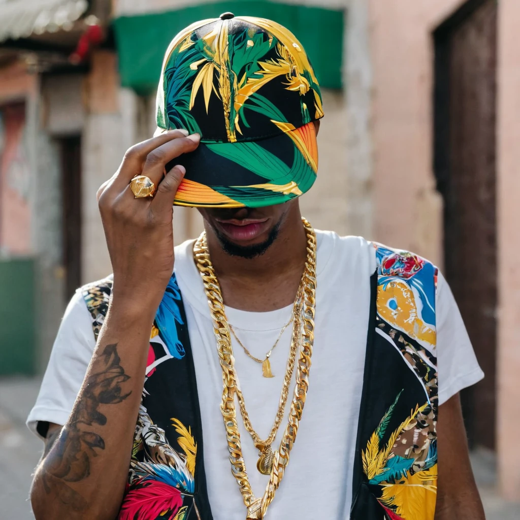 Rapper covering his face with a cap, correntes de ouro, descolado