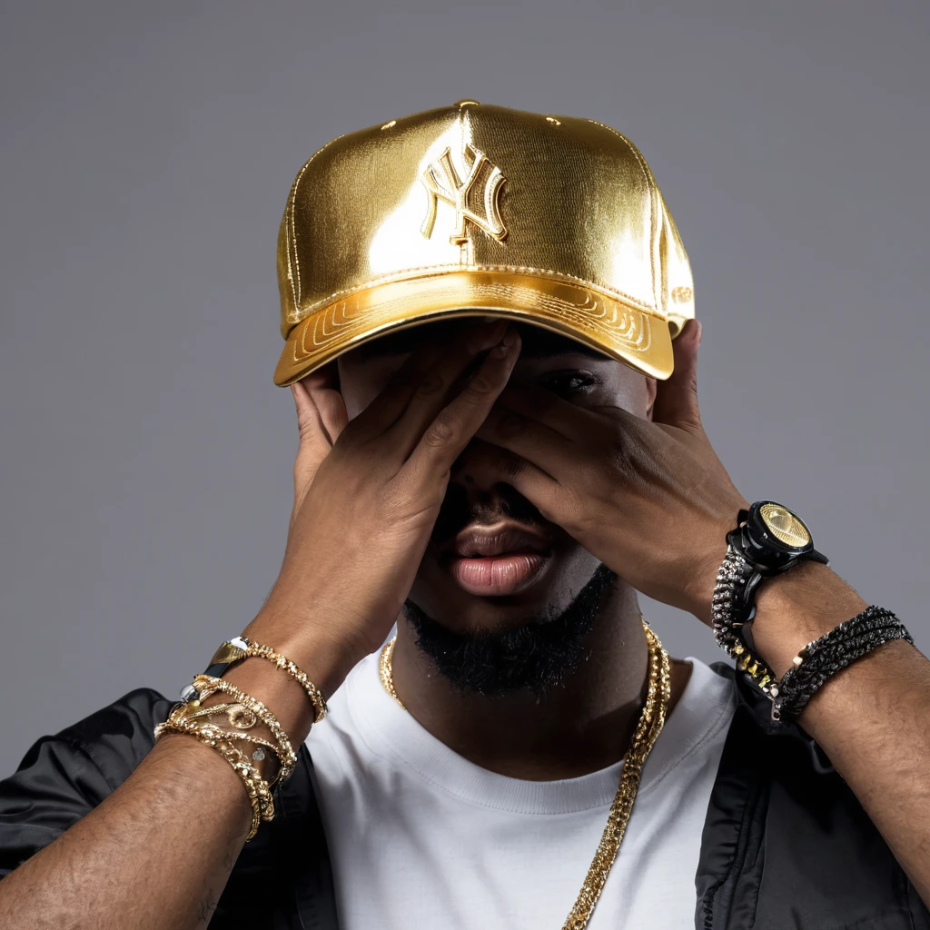 Rapper covering his face with a cap, correntes de ouro, descolado