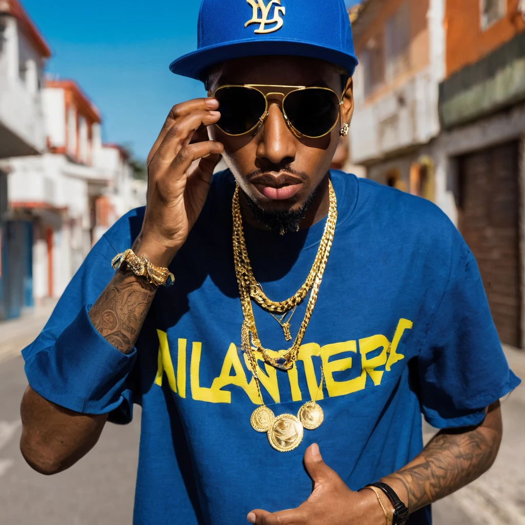 Rapper covering his face with a cap, correntes de ouro, descolado