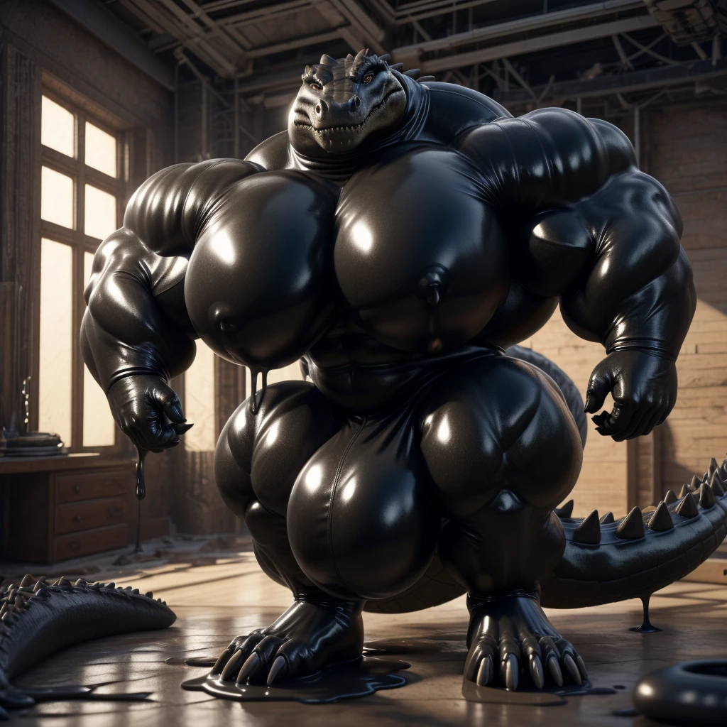 solo, male, , , ,  (hyper pecs:1.2), （long thick thighs:1.5）, standing, indoor,，(，,(,solo,very hyper muscles:1.3)((, Huge bulge：1.3))）（corruption)), black glowing liquid，（((liquid_latex, , rubber:1.2)，,black latex，goo transformation，(gooey)()(l），unreal engine,perfect light，detailed, photorealistic, 4k, hd, , , , good anatomy, , (), ,, high quality, best quality, concept art, photorealistic, Crocodile