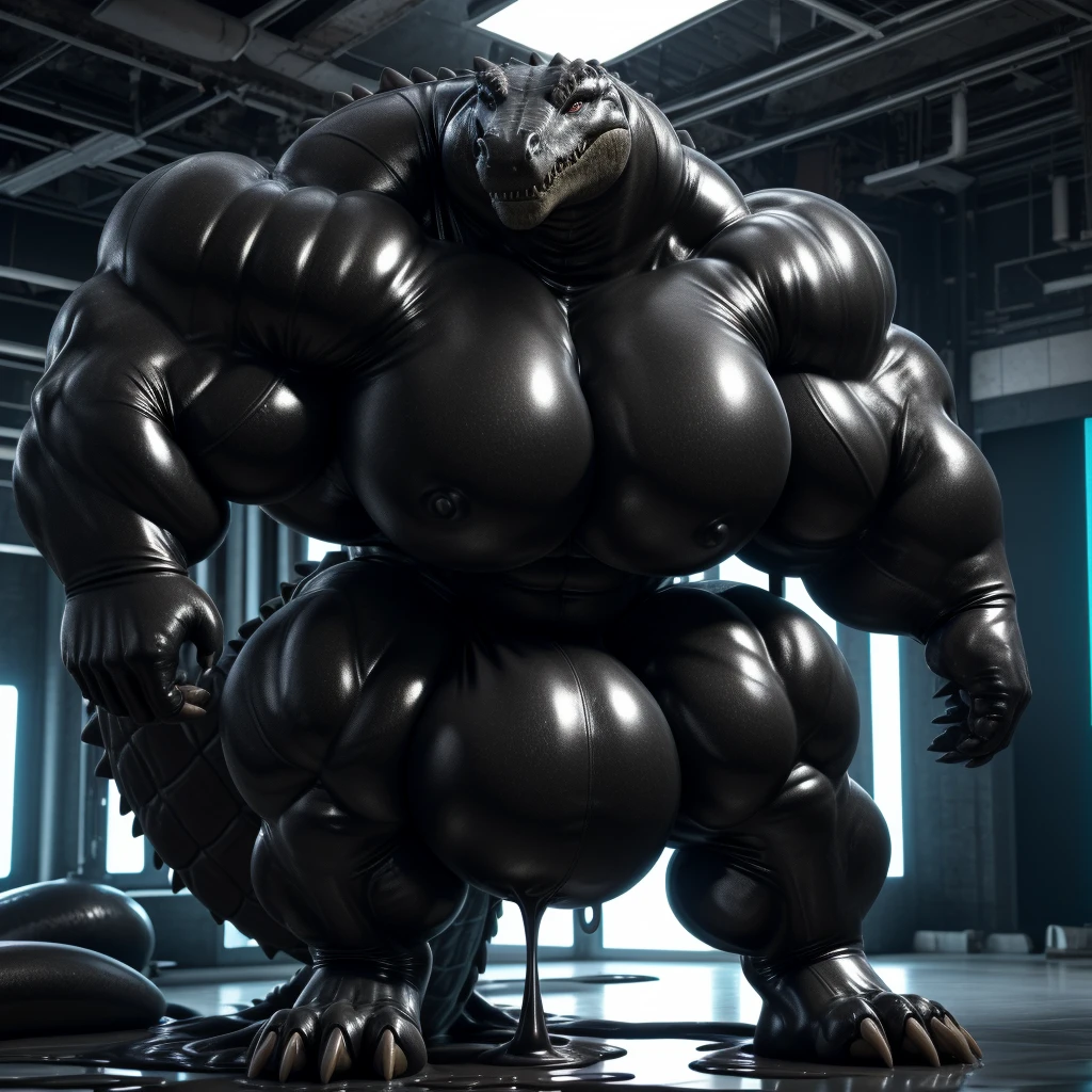 solo, male, , , ,  (hyper pecs:1.2), （long thick thighs:1.5）, standing, indoor,，(，,(,solo,very hyper muscles:1.3)((, Huge bulge：1.3))）（corruption)), black glowing liquid，（((liquid_latex, , rubber:1.2)，,black latex，goo transformation，(gooey)()(l），unreal engine,perfect light，detailed, photorealistic, 4k, hd, , , , good anatomy, , (), ,, high quality, best quality, concept art, photorealistic, Crocodile