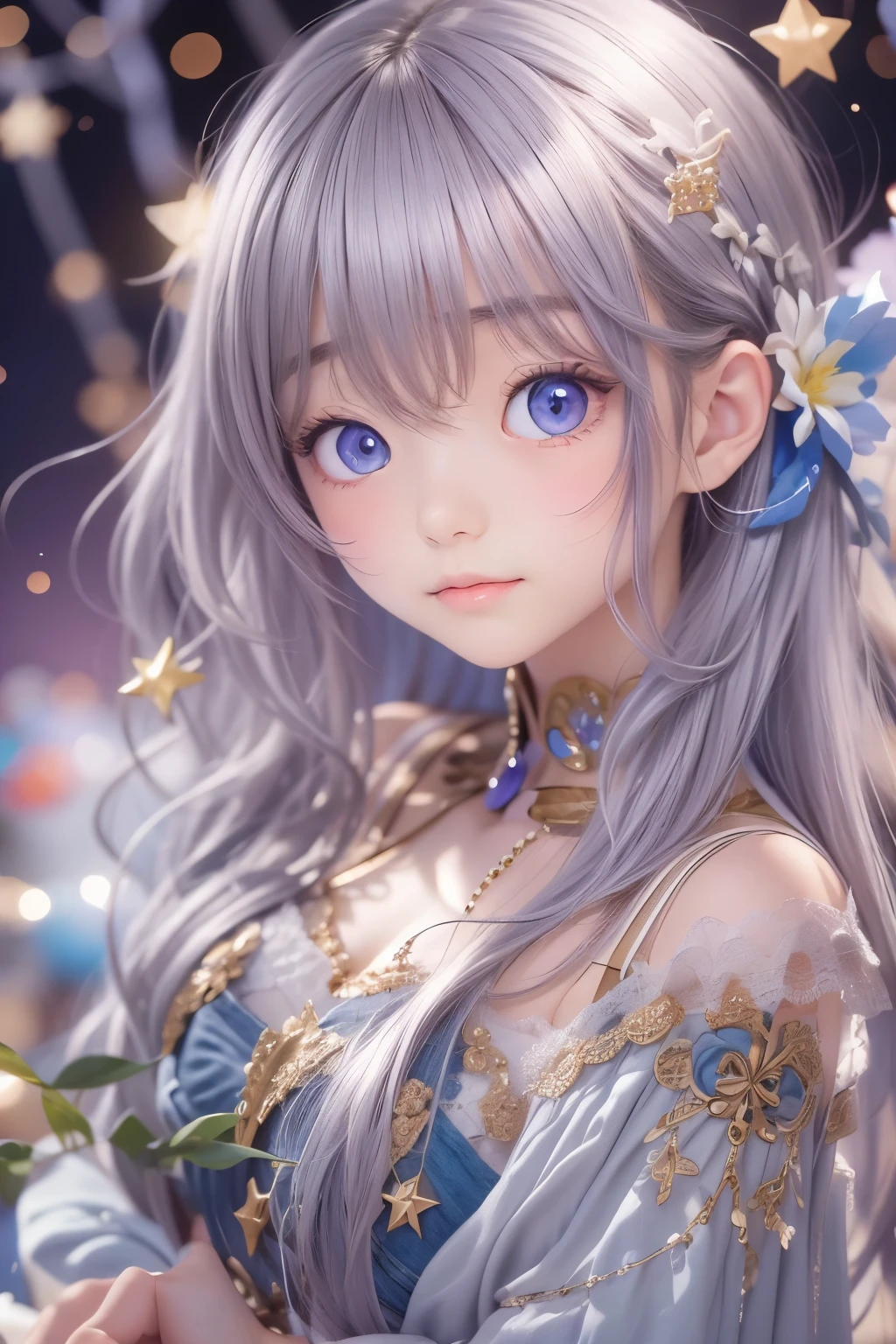 masterpiece, Highest quality, Highly detailed shape,1 Girl,alone, Image body, flower, Looking at the audience, , , Purple eyes, Jewel-like eyes, Very beautiful eyes, Highly detailed face,, , star (null), star座, Purple Energy, handrail, 流star、Shiny, straight, long hair down to the waist, Beautiful shiny bangs、