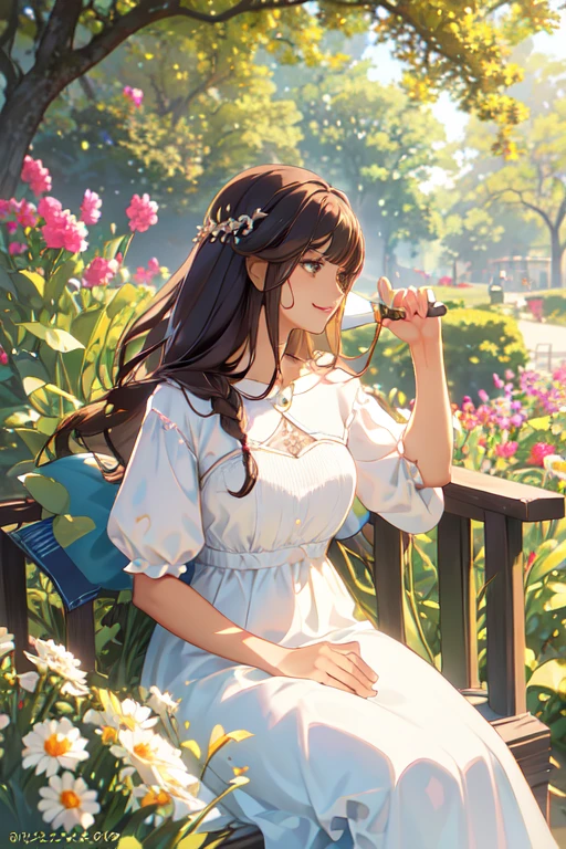 a , 1 girl, girl, afro-american girl, girl with brown hair, extremely detailed face, hyper detailed eyes, beautiful detailed lips, long eyelashes, beautiful detailed facial features, soft long dress, sitting on tree in park, garden background, smiling, confident, profile view, 8k resolution, photorealistic, 3D, telegram sticker, digital art