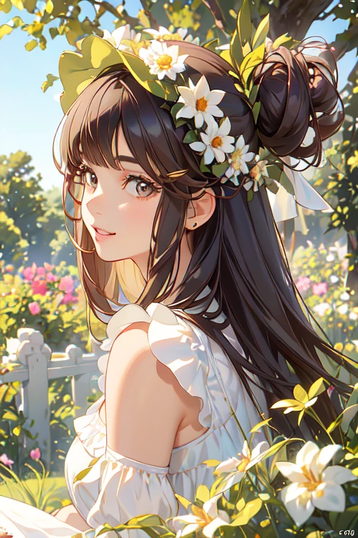 a , 1 girl, girl, afro-american girl, girl with brown hair, extremely detailed face, hyper detailed eyes, beautiful detailed lips, long eyelashes, beautiful detailed facial features, soft long dress, sitting on tree in park, garden background, smiling, confident, profile view, 8k resolution, photorealistic, 3D, telegram sticker, digital art