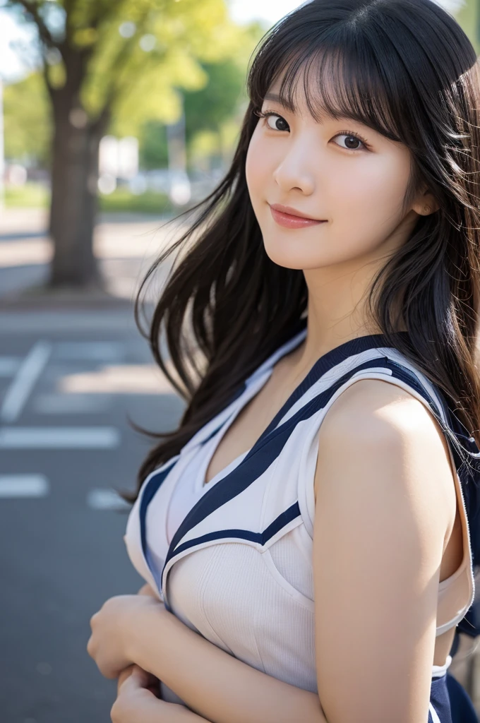 (wearing ,cheerleader:1.3),from below,(show off nipple :1.3),Top quality, 1 beautiful Japanese woman, teen,high school student,(18 years old),medium hair, (Black hair:1.2), Ultra-realistic capture, Highly detailed, High resolution 16k close-up of human skin. Skin texture must be natural, With such detail that pores can be finely identified. Skin should look healthy, In a uniform tone. Use natural light and color,