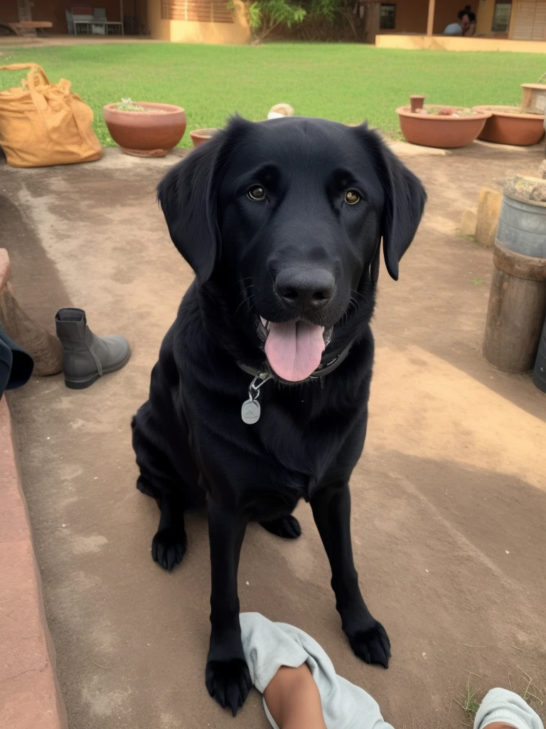 There's a black dog sitting on a field, lab in the background, a tree, Labrador, Retrato do Labrador preto, muito bonito, black dog, Handsome, 1 8 I, um bonito, extremamente bonito, 2 anos, retrato frontal, taken in the late 2010s, Looking towards the camera, muito bobo olhando