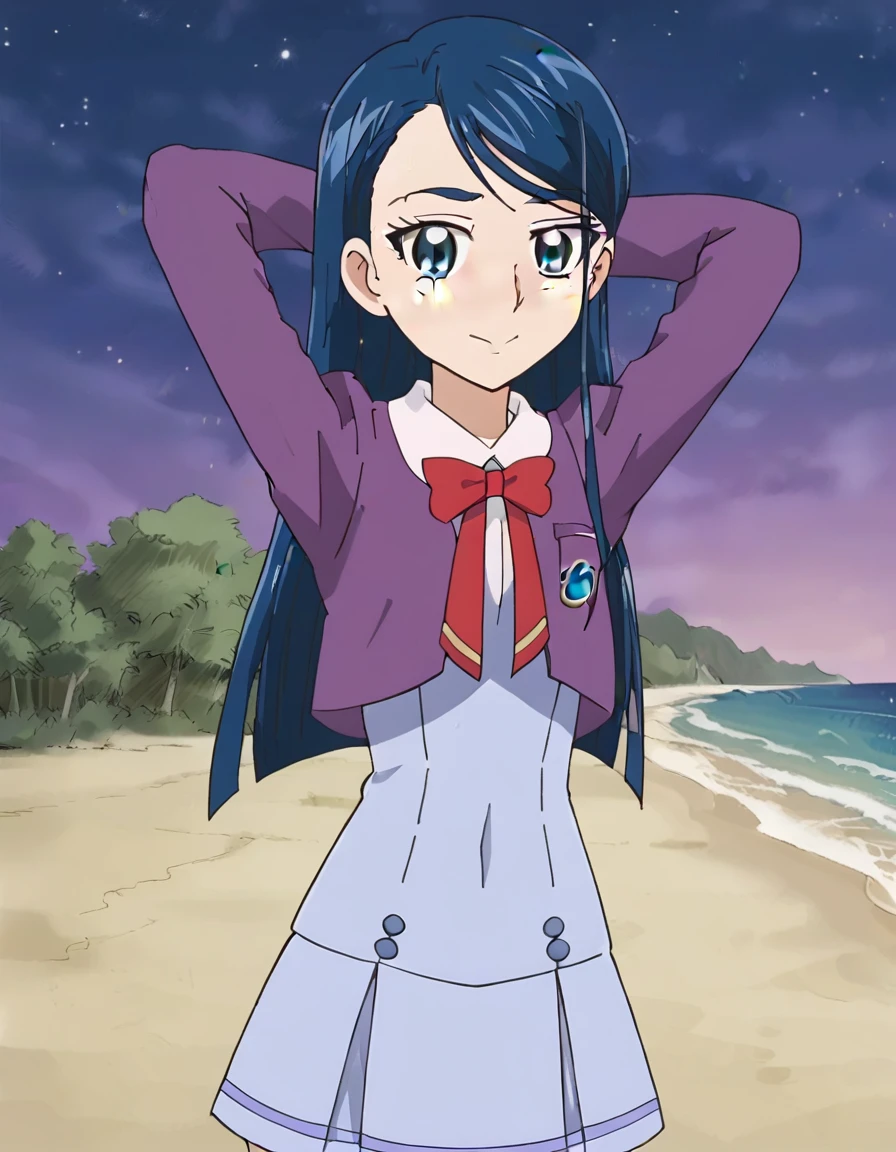 minazuki karen, long hair, blue hair, blue eyes, eyebrows,
, purple jacket, cropped jacket, red bowtie, blue dress, short dress, pleated dress, high quality, solo, 1girl, night sky, beach, arms behind head, (contrapposto), closed mouth, spread armpits, (cowboy shot:1.5), looking at viewer, nervous, smile, best quality, blushing,
