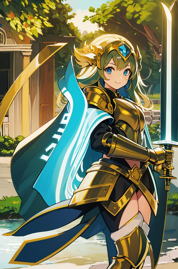 One Girl、Perfect functionality, (masterpiece), (Highest quality:1.4), High resolution、low length、A cheerful smile、Wavy long hair, Bikini Armor、Plein Air、(whole body:1.4)、Standing posture、sword, Cape