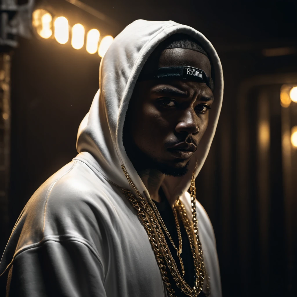 a white skinned rapper, hiding face, gold chains, serious expression, 1 person, highly detailed, cinematic lighting, dramatic atmosphere, ultra-realistic, 8k, photorealistic, award winning photograph, chiaroscuro lighting, dramatic shadows, moody tones, contrasty, gritty, grunge, urban setting