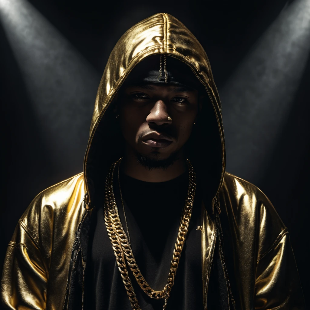 a white skinned rapper, hiding face, gold chains, serious expression, 1 person, highly detailed, cinematic lighting, dramatic atmosphere, ultra-realistic, 8k, photorealistic, award winning photograph, chiaroscuro lighting, dramatic shadows, moody tones, contrasty, gritty, grunge, urban setting