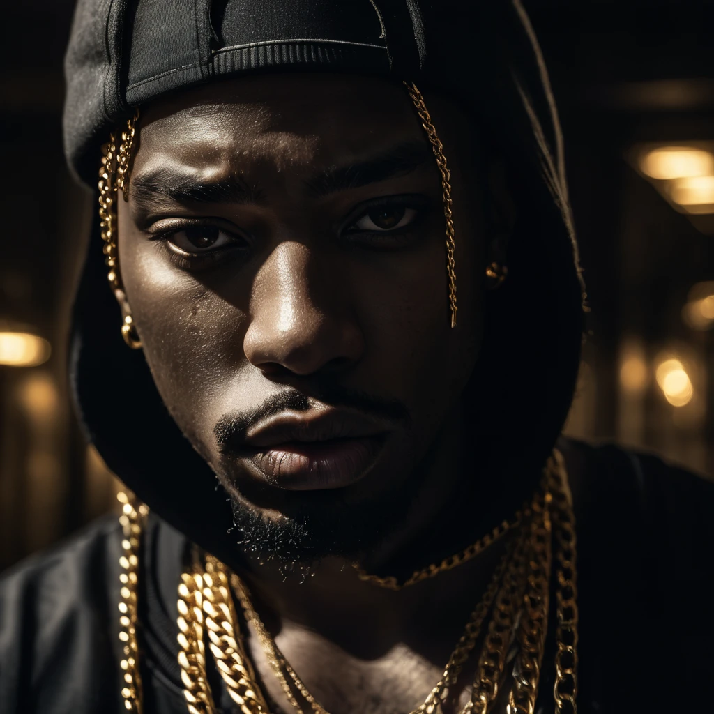 a white skinned rapper, hiding face, gold chains, serious expression, 1 person, highly detailed, cinematic lighting, dramatic atmosphere, ultra-realistic, 8k, photorealistic, award winning photograph, chiaroscuro lighting, dramatic shadows, moody tones, contrasty, gritty, grunge, urban setting