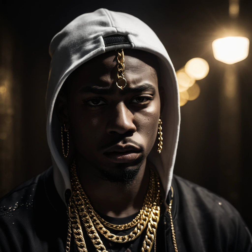 a white skinned rapper, hiding face, gold chains, serious expression, 1 person, highly detailed, cinematic lighting, dramatic atmosphere, ultra-realistic, 8k, photorealistic, award winning photograph, chiaroscuro lighting, dramatic shadows, moody tones, contrasty, gritty, grunge, urban setting