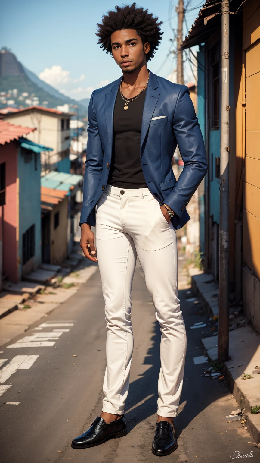 (((full body))), jovem afro-brasileiro de 25 anos, (((homem))), advogado, ((cabelos cacheados)), pele negra, ((cabelos curtos)), com cabelos extremamente perfeitos, perfect hands, looking at camera, action pose, vestindo uma camisa branca e blazer cinza, jeans, sapato social, (((ao fundo cidade do Rio de janeiro)))
