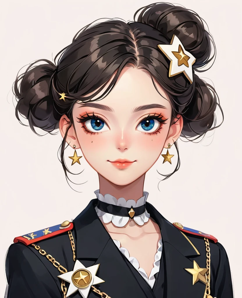(Digital Illustration，Detailed anime style girl portrait，Solitary，symmetry)，(Big colorful eyes，Fashionable and exquisite facial features，Exquisite makeup，Sweet smile，Star symbol mark on cheek，Soulful gaze，)，(Fluffy bun，Hairpin)，(Black suit，Epaulettes-Chain，cool，)，Clean and simple white background，(((Correct human anatomy)))