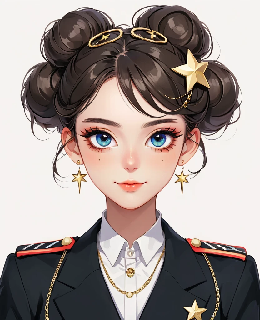(Digital Illustration,Detailed anime style girl portrait,Solitary,symmetry),(Big colorful eyes,Fashionable and exquisite facial features,Exquisite makeup,Sweet smile,Star symbol mark on cheek,Soulful gaze,),(Fluffy bun,Hairpin),(Black suit,Epaulettes-Chain,cool,),Clean and simple white background,(((Correct human anatomy)))