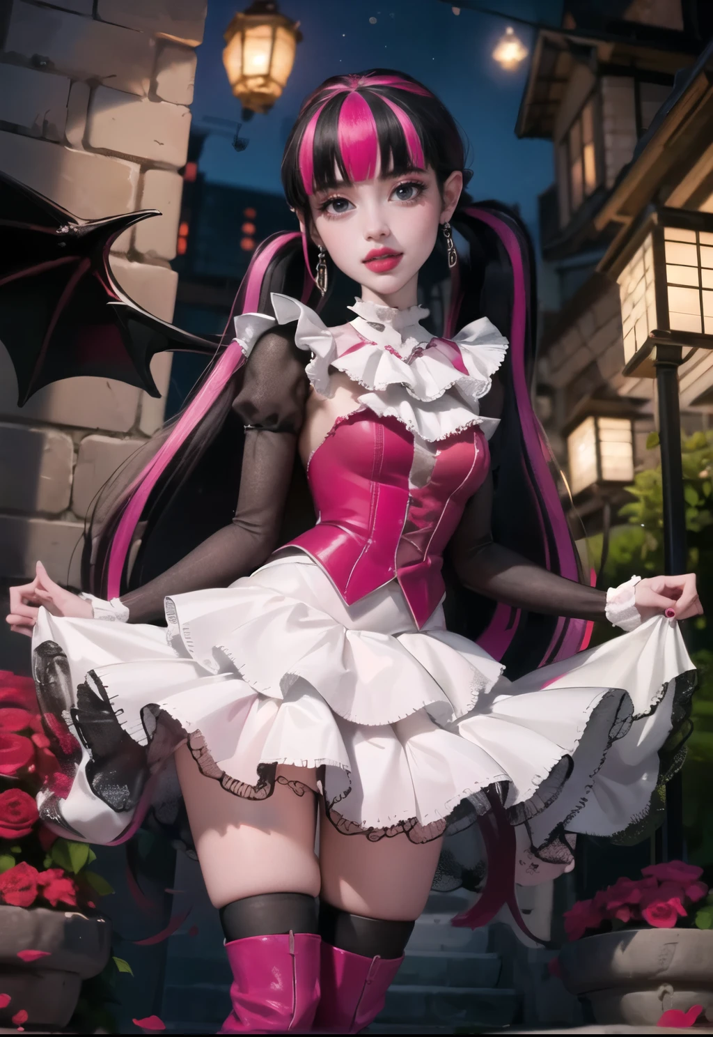 1girl, vampire girl, vampire fangs, succubus, centered, award winning upper body portrait, cowboy shot, (looking at viewer:1.2), Draculaura_MH, solo, black half hair, pink half hair, multicolored hair, long hair, white skirt, pink knee boots, smiling, garden scenery, japanese lanterns, dark red roses, depth of field, cinematic composition, ((high quality)), ((Work of art)), (more detail), half black hair, half soft pink hair, wave hair, pink heart in the eyes, smile, vampire fangs, maid dress, black maid headdress, black maid apron, bat wings, pink skirt, black dress with transparency, pink laces, black gloves, black high socks, high hills boots, bat jewelry, jewelry, seat on the grass, dark red roses on focus, Draculaura_(monster high), Monster High, looking at the viewer, more details on the clothes,