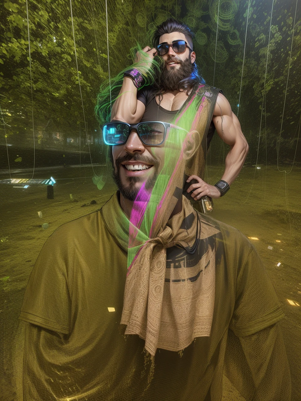 Change background cyberpunk handsome boy, realistic face, realistic smile face, realistic beard, black t-shirt, 8k, ultra realistic,