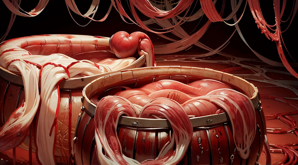 wooden barrels filled with human intestines, ((intestines)), blood, AnatomicTech
blood vessels, gore, horror,