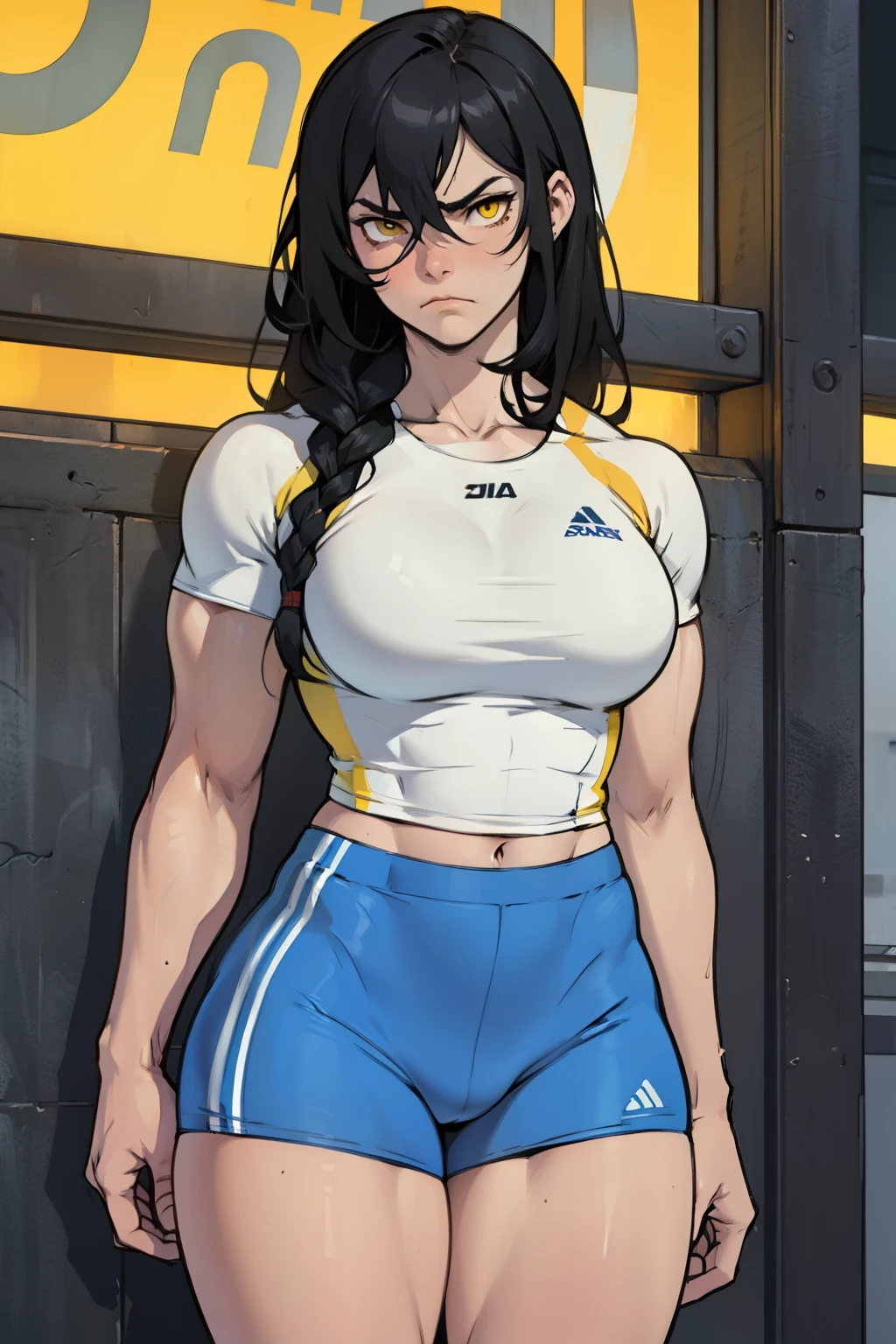 athletic girl muscular girl swole girl busty black hair yellow eyes pale skin expressionless sad frown