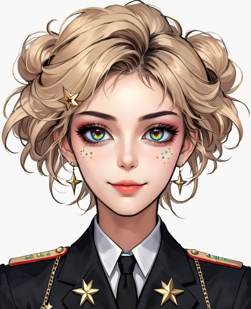 (Digital Illustration,Detailed anime style girl portrait,Solitary,symmetry),(Big colorful eyes,Fashionable and exquisite facial features,Exquisite makeup,Sweet smile,Star symbol mark on cheek,Soulful gaze,),(Fluffy updo,Messy hair),(Black suit,Epaulettes-Chain,cool,),Clean and simple white background,(((Correct human anatomy)))